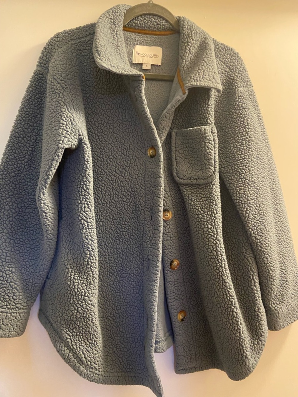 Koolaburra Light Blue Sherpa Jacket with Tan Trim